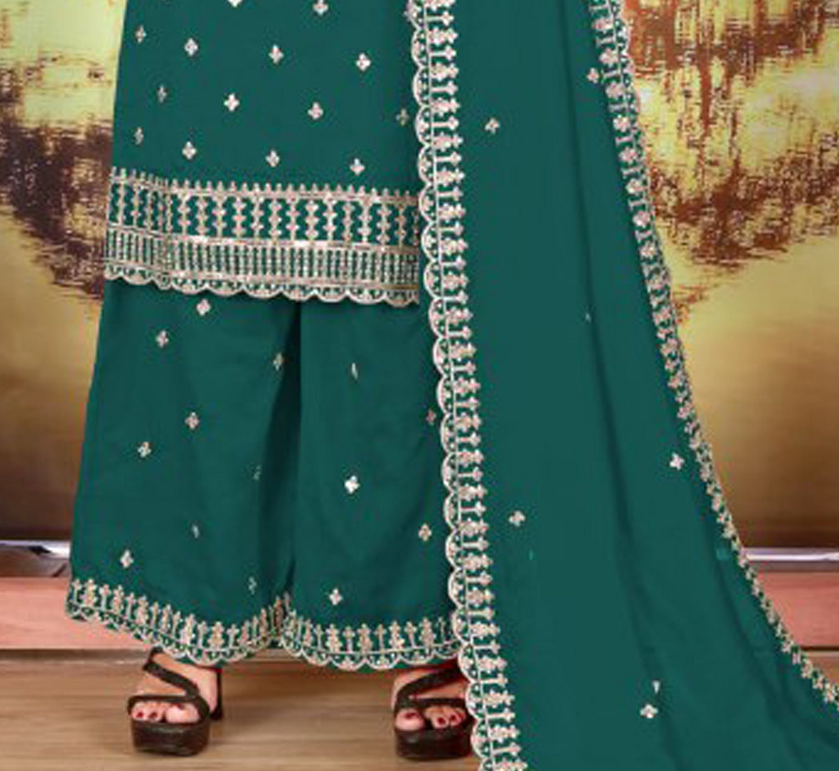 Green plazzo dress with 3mm sequence embroidery detail