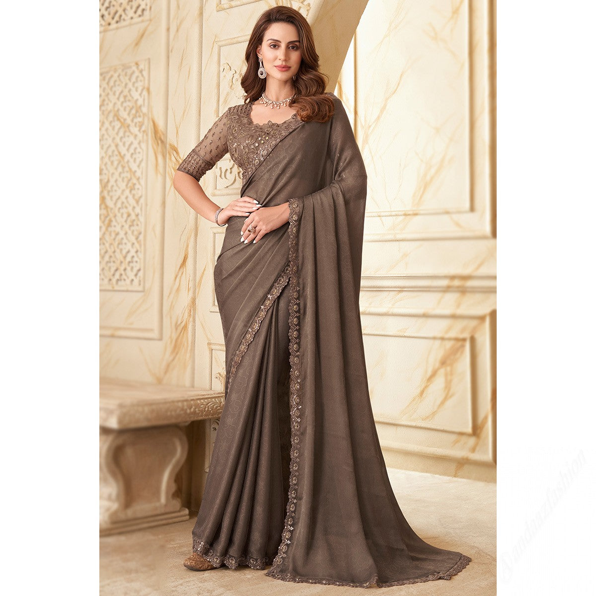 Gorgeous Grey Beige Color Gorgette Fabric Traditional Wear Saree