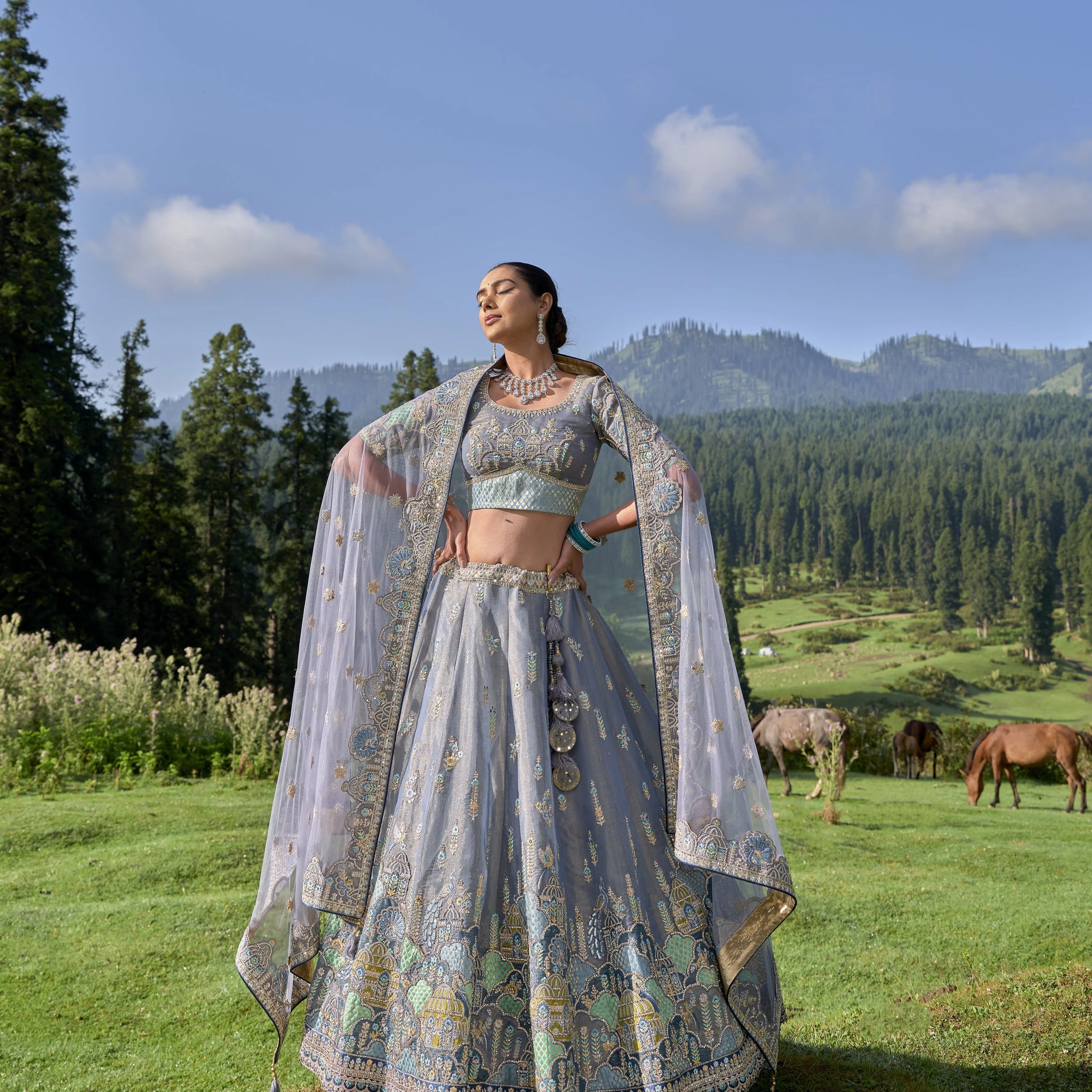 Beautiful Grey Color Tissue Fabric Designer Blouse With Stylish Lehenga Choli