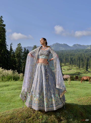 Beautiful Grey Color Tissue Fabric Designer Blouse With Stylish Lehenga Choli