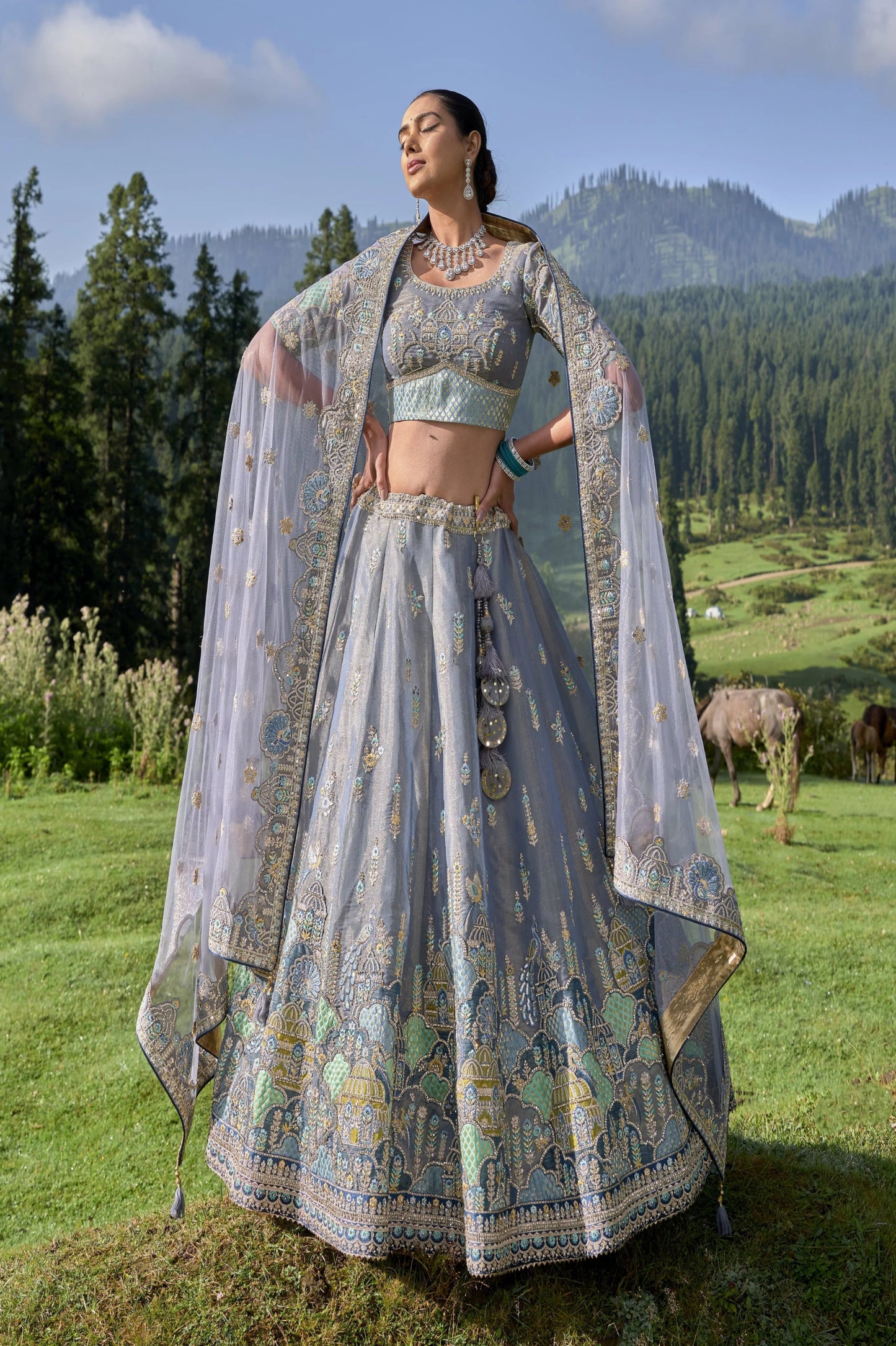 Grey Color Tissue Fabric Bridesmaid Wedding Wear Lehenga Choli With Net Dupatta