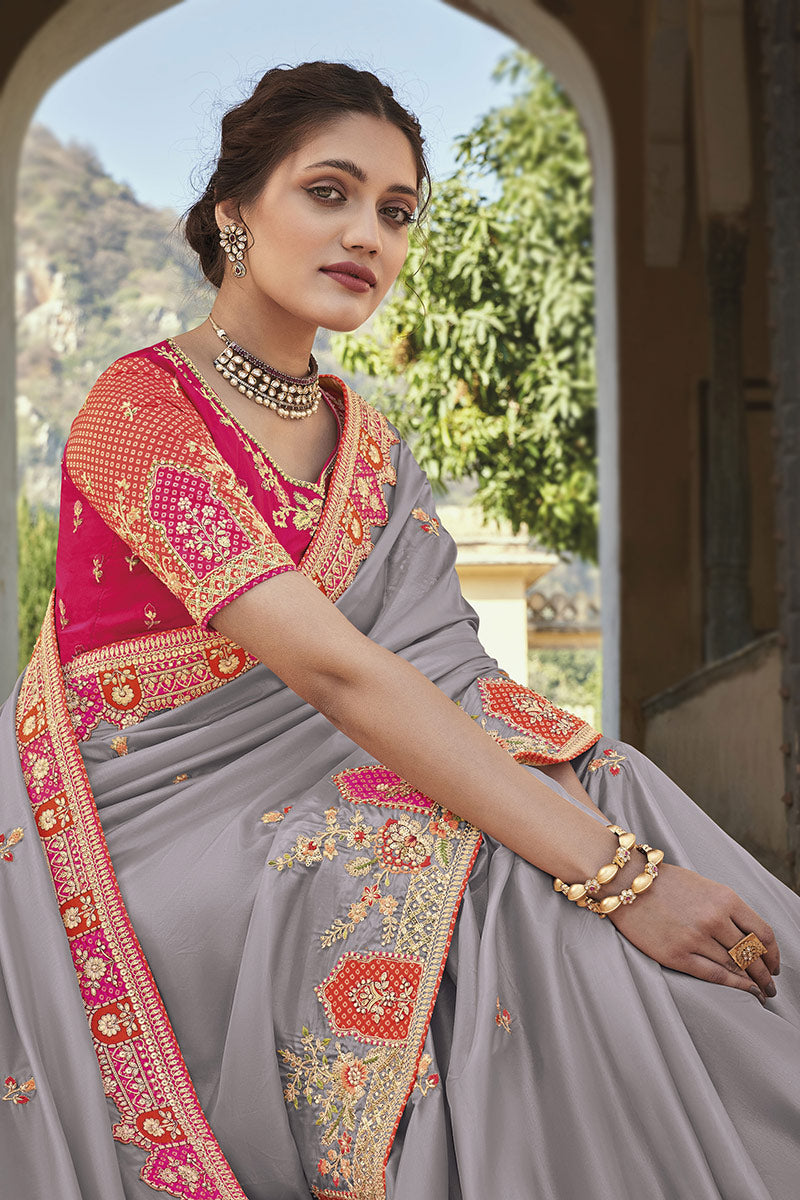 Stunning Grey Color Fancy Silk Fabric Patch Work Festival Wear Saree