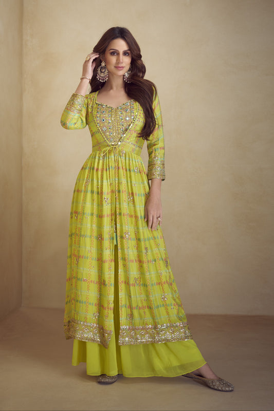 Wedding Haldi Party Celebration Wear Chinon Silk Lehenga Anarkali Gown