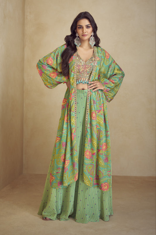 Wedding Mehndi Celebration Wear Chinon Silk Lehenga Anarkali Gown