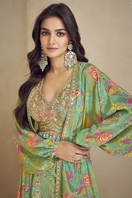 Wedding Mehndi Celebration Wear Chinon Silk Lehenga Anarkali Gown