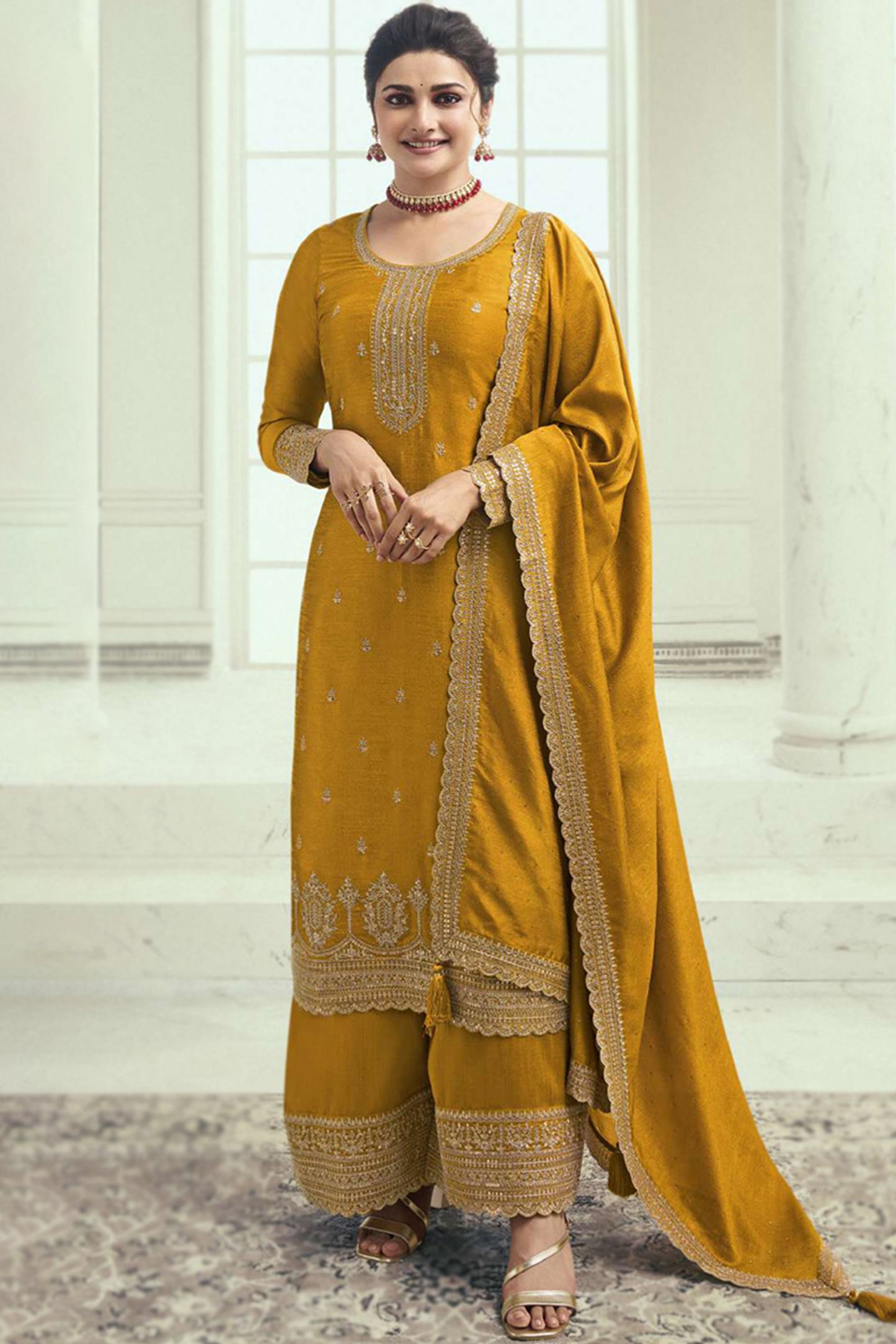 Georgette Fabric Yellow Color Salwar Kameez Dress Ready to Wear Indian Designer Plazzo Suits