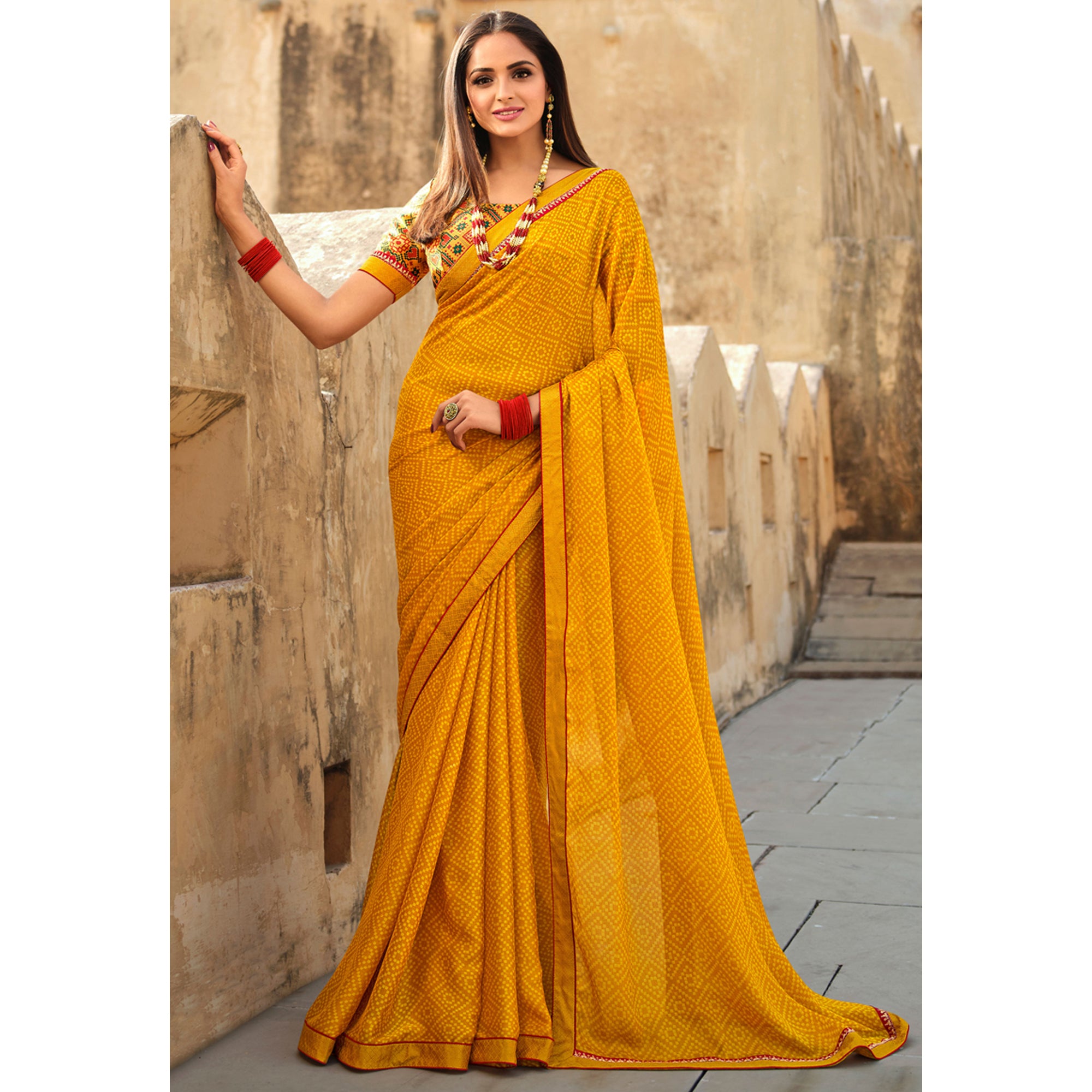 Indian Bollywood Designer Yellow Printed Haldi Function Outfit Saree