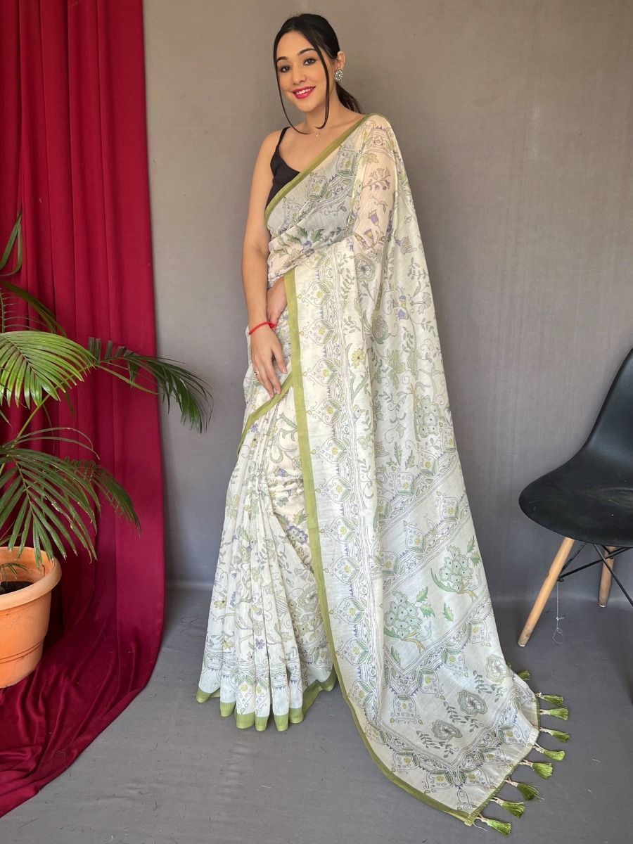 Ravishing Off-White Color Printed Designer Cotten Fabric Festival Wear Saree