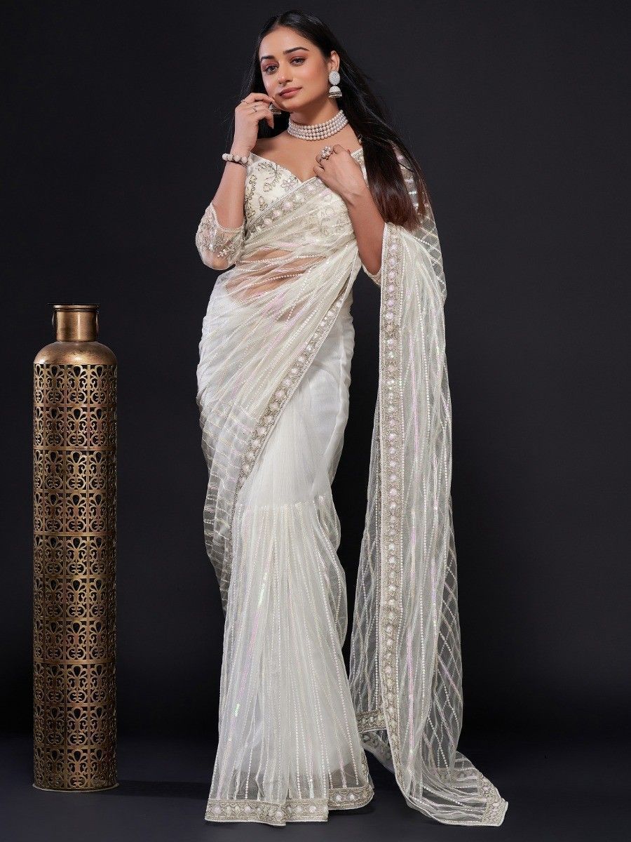 Awesome White Color Net Sequins Work Wedding Event Wear Saree
