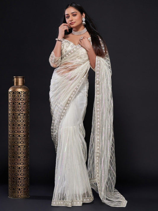 Awesome White Color Net Sequins Work Wedding Event Wear Saree