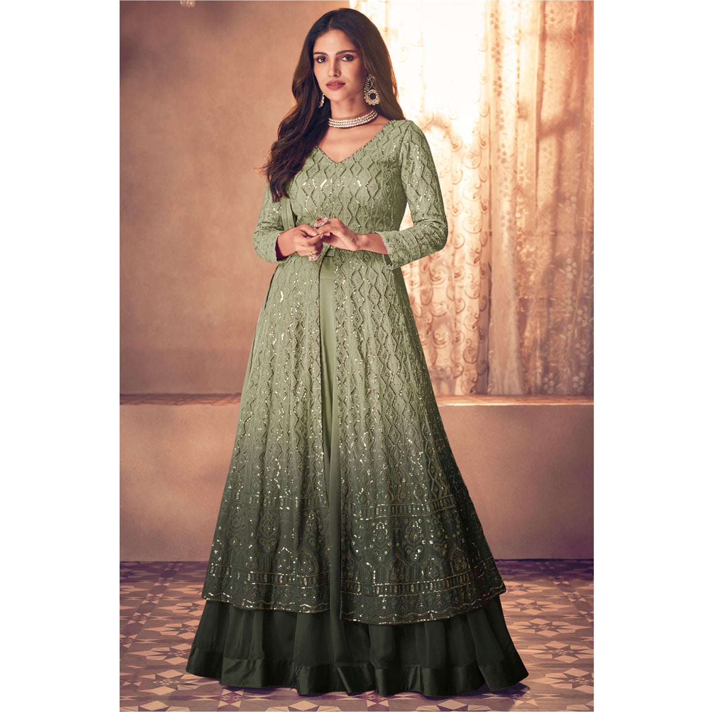 Capitiving Green Color Pakistani Designer Wedding Function Wear Sharara Top Lehenga