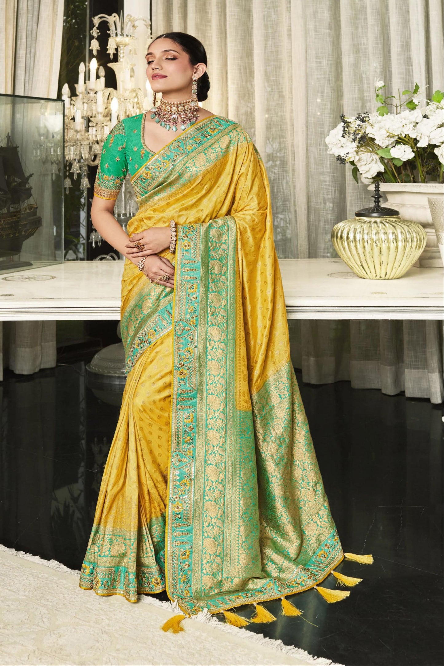 Yellow Firozi Saree Embroidery Work Readymade Wedding Wear Suits