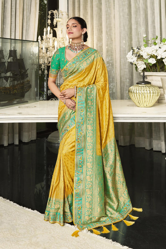 Yellow Firozi Saree Embroidery Work Readymade Wedding Wear Suits