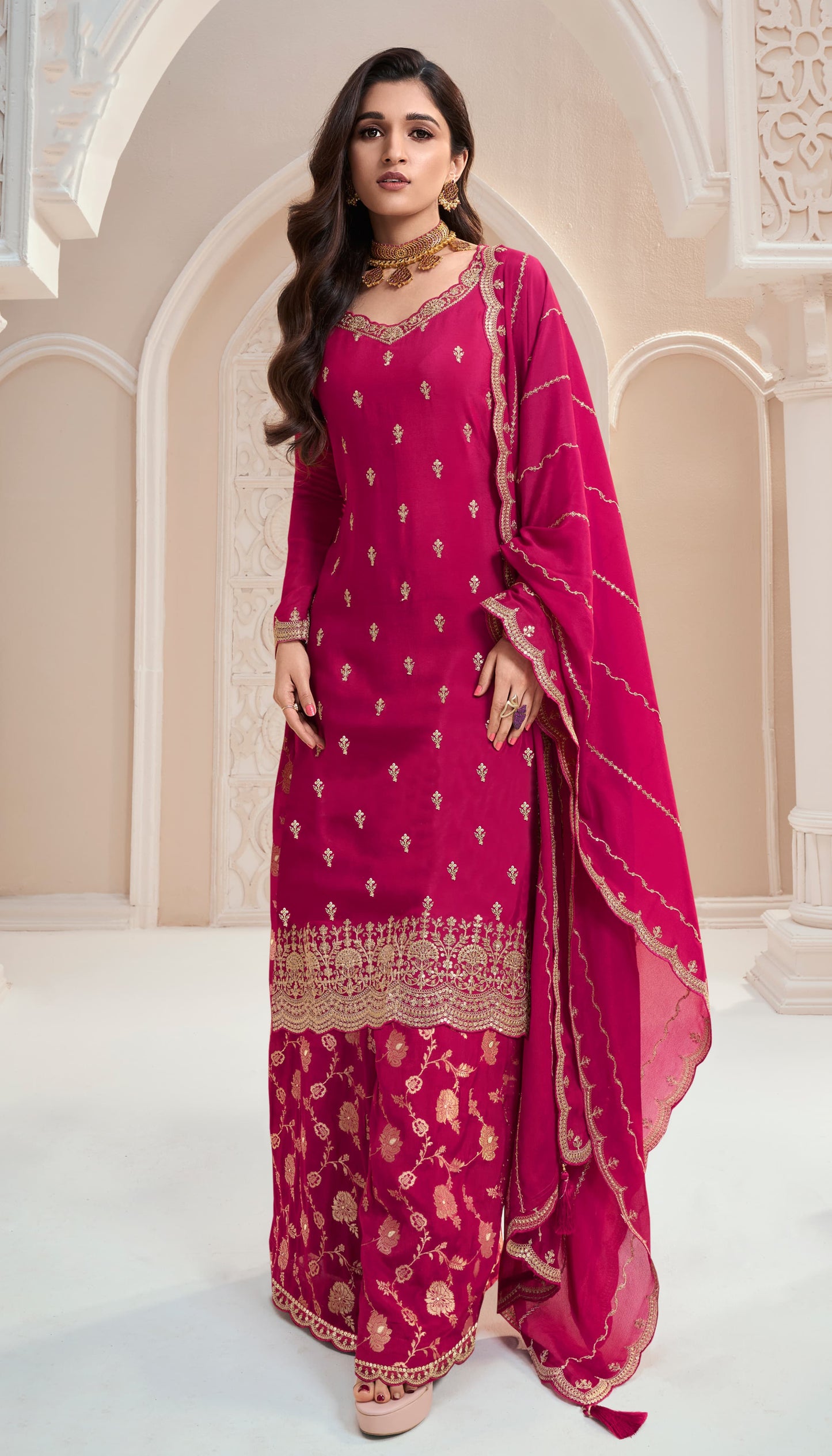 Attractive New Designer Embroidery Chinon Fabric Salwar Kameez Plazzo Suit