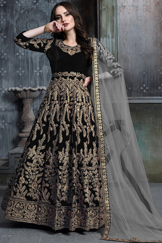 Velvet Fabric Beautiful Handmade Wine Color Anarkali Gown Suits with Heavy Embroidery Work