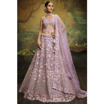 Embellished Lavender Color Embroidery Work Net Fabric Wedding Wear Lehenga Choli