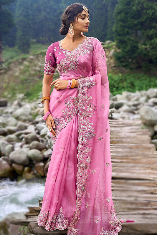 Pink Color Eid Special Embroidery Work Designer Saree With Stylish Blouse