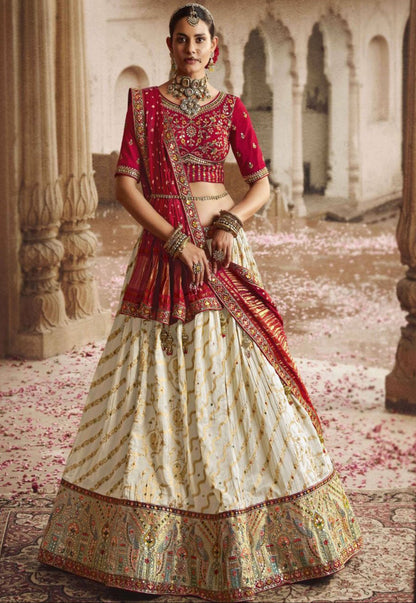 New Heavy Designer Off-White Color Silk Material Bandhani Print Work Ready Made Lehenga Choli