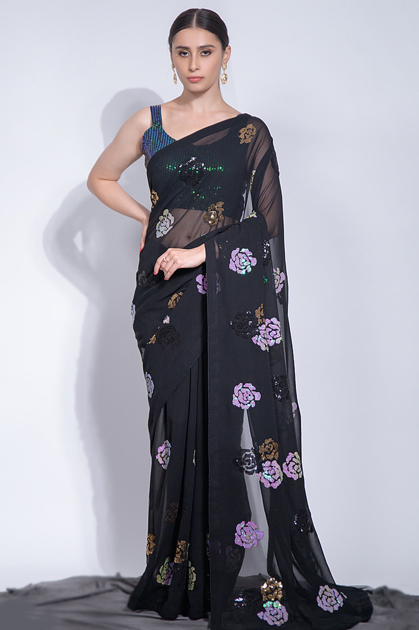 Ready To Wear Stylish Black Color Floral Printed Festival Wear Saree