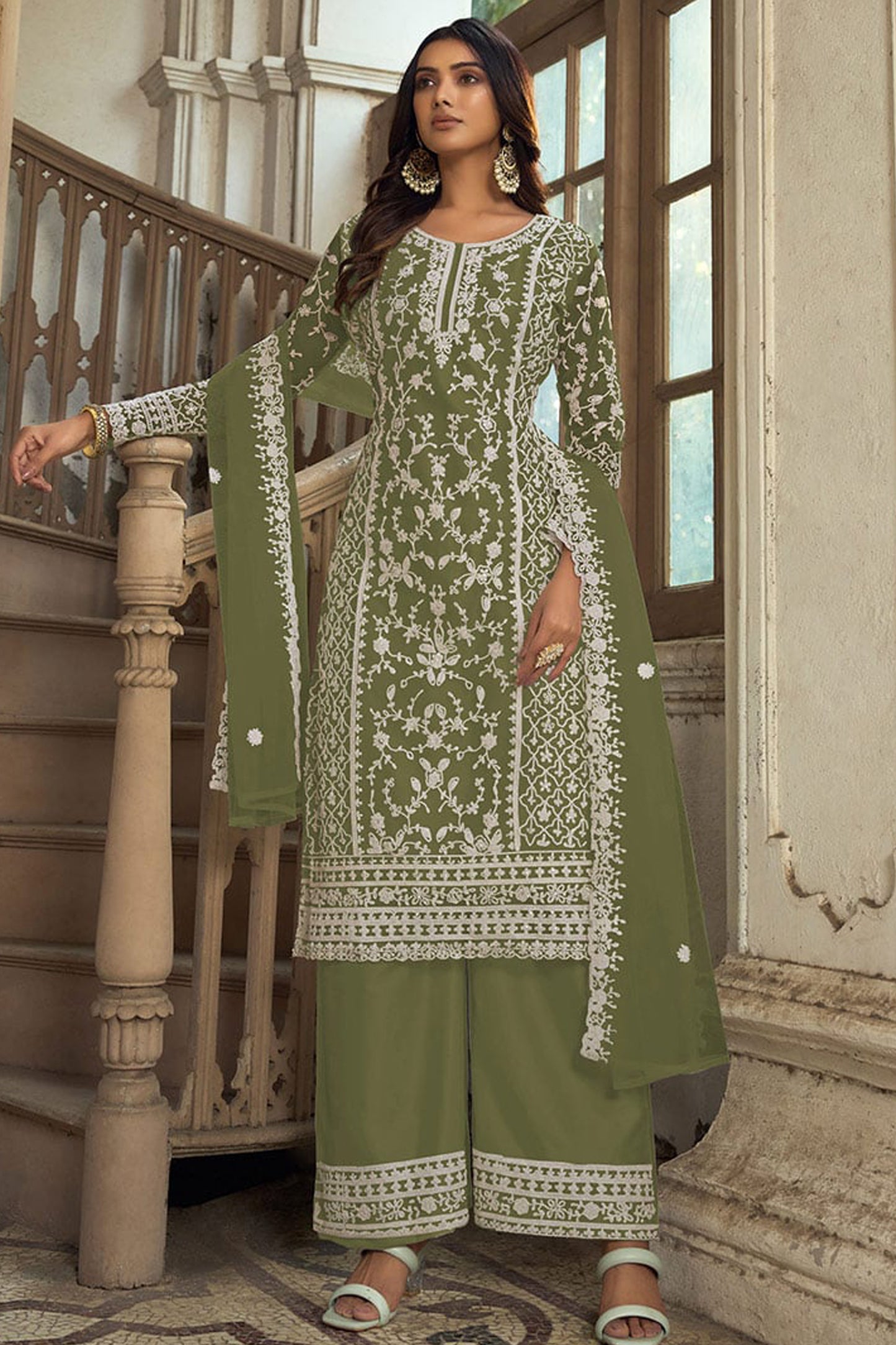 Amazing Designer Heavy Embroidery Work & Net Fabric Salwar Kameez Plazzo Suit With Cording Work Dupatta