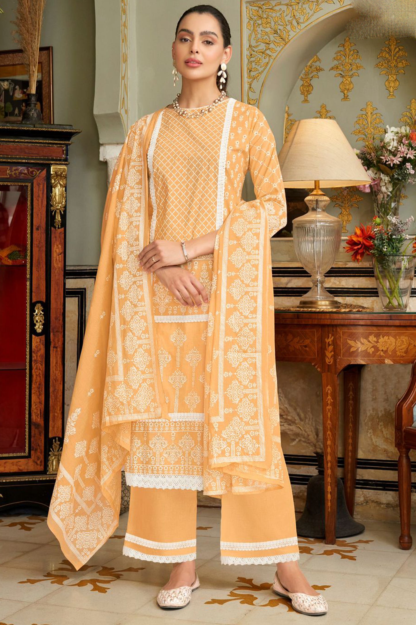 Gorgeous Pure Cambric Cotton Print With Additional Hand Work Salwar Kameez Plazzo Pant Suit