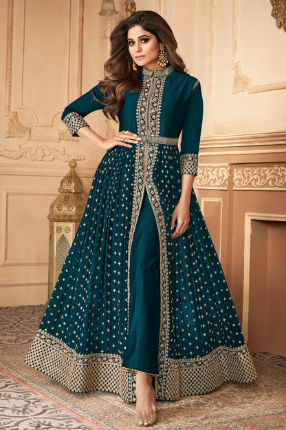 Turquoise Blue Color Eid Ramadan Festival Wear Stylish Anarkali Gown