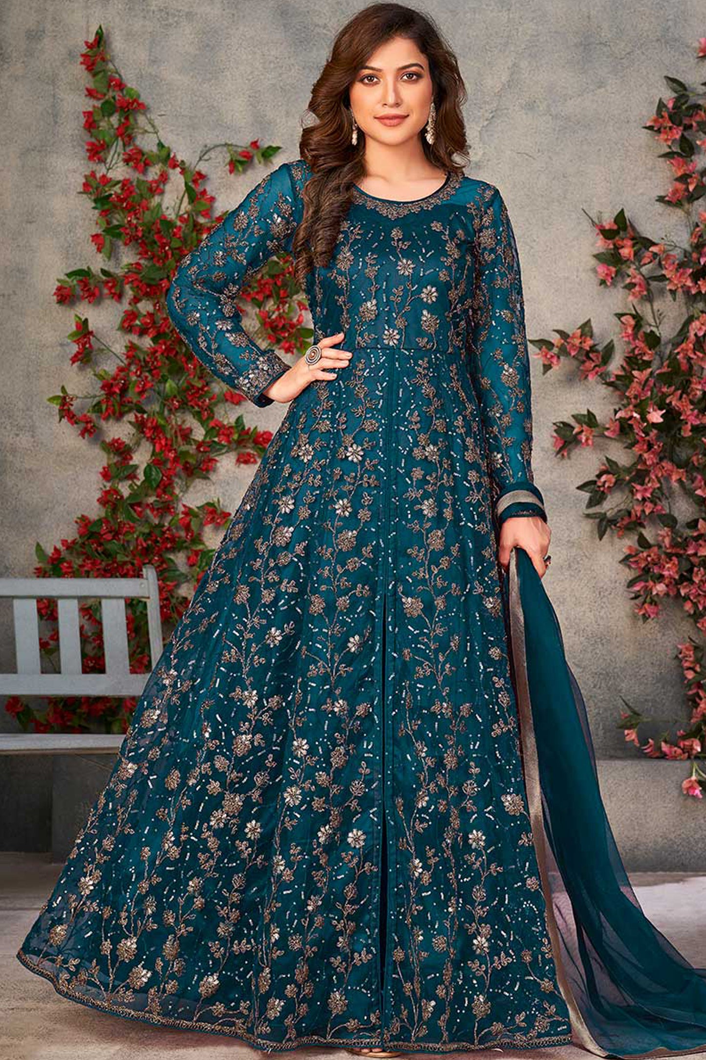 Back & Front Side Embroidery Worked Slit Anarkali Flared Gown