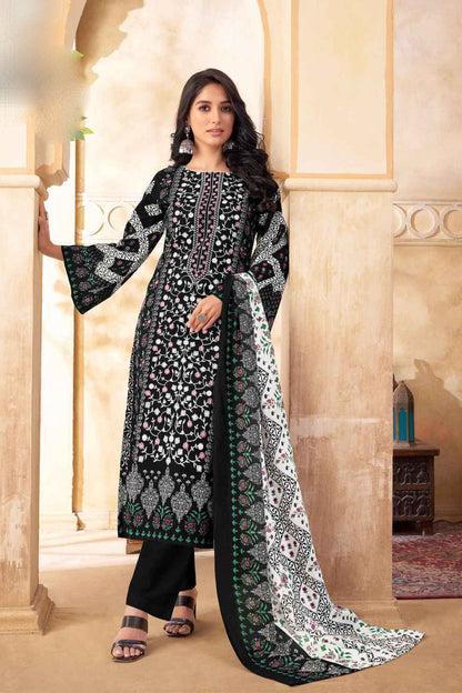 Cotton Fabric Printed Salwar Kameez Suits White & Black Color Plus Size Plazzo Pant Dress