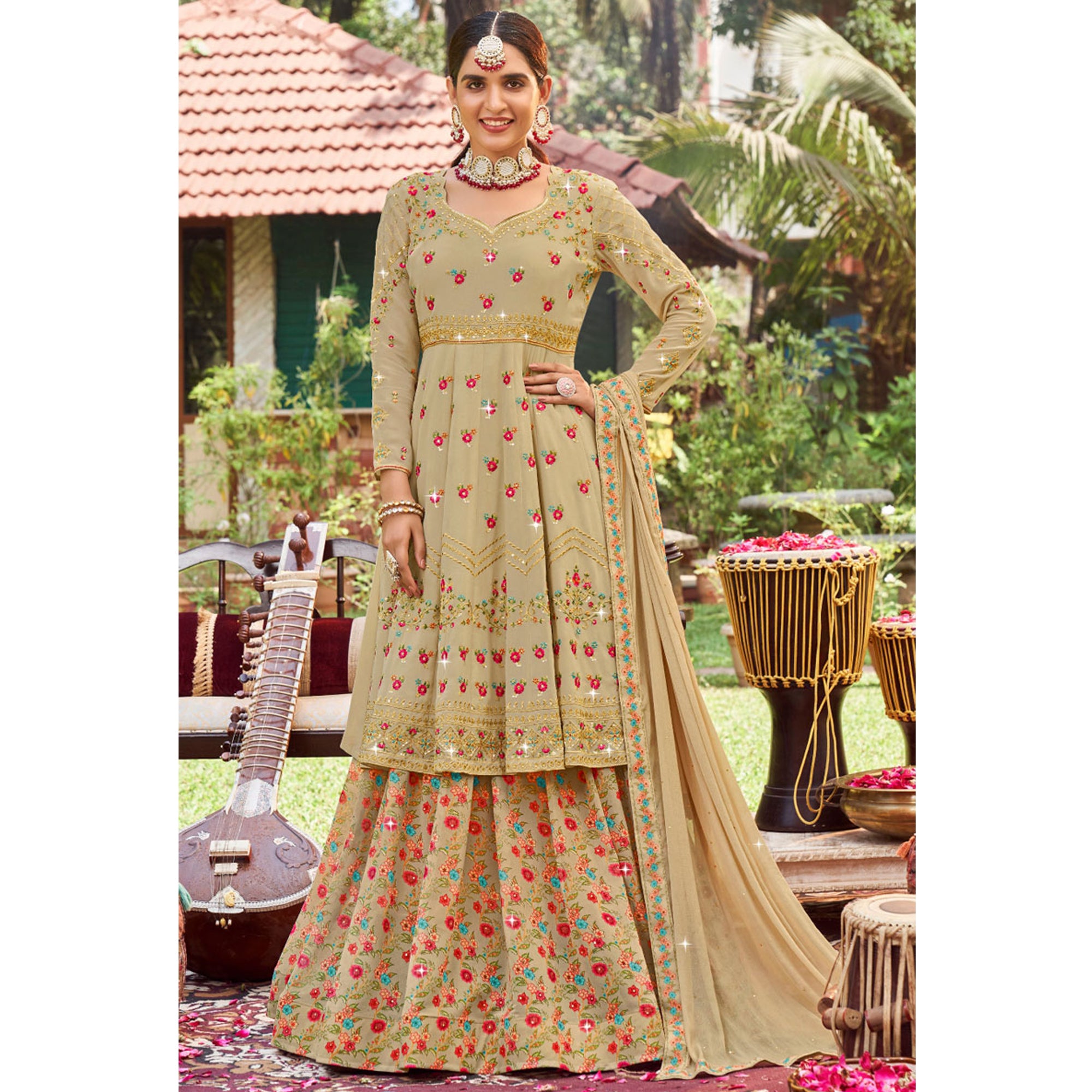 Indian Pakistani Designer Beige Color Embroidery Work With Georgette Material Sharara Top Lehenga