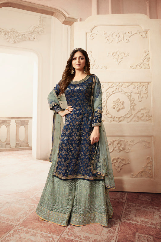 Pakistani Designer Reception Wear Embroidery Work Net Fabric Sharara Plazzo Suit