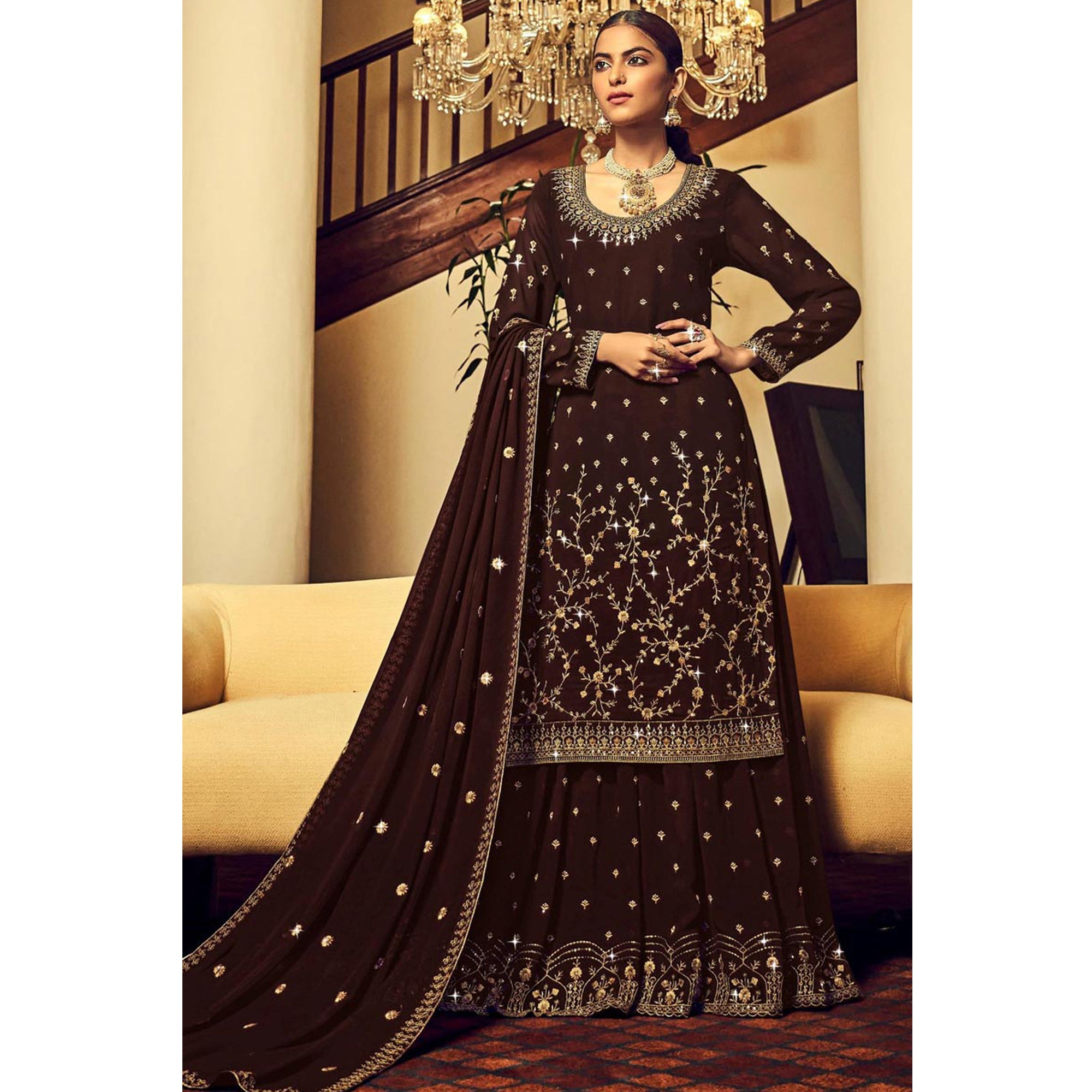Tarditional Style Marron Color Embroidery Worked Stitched Designer Function Wear Sharara Top Lehenga