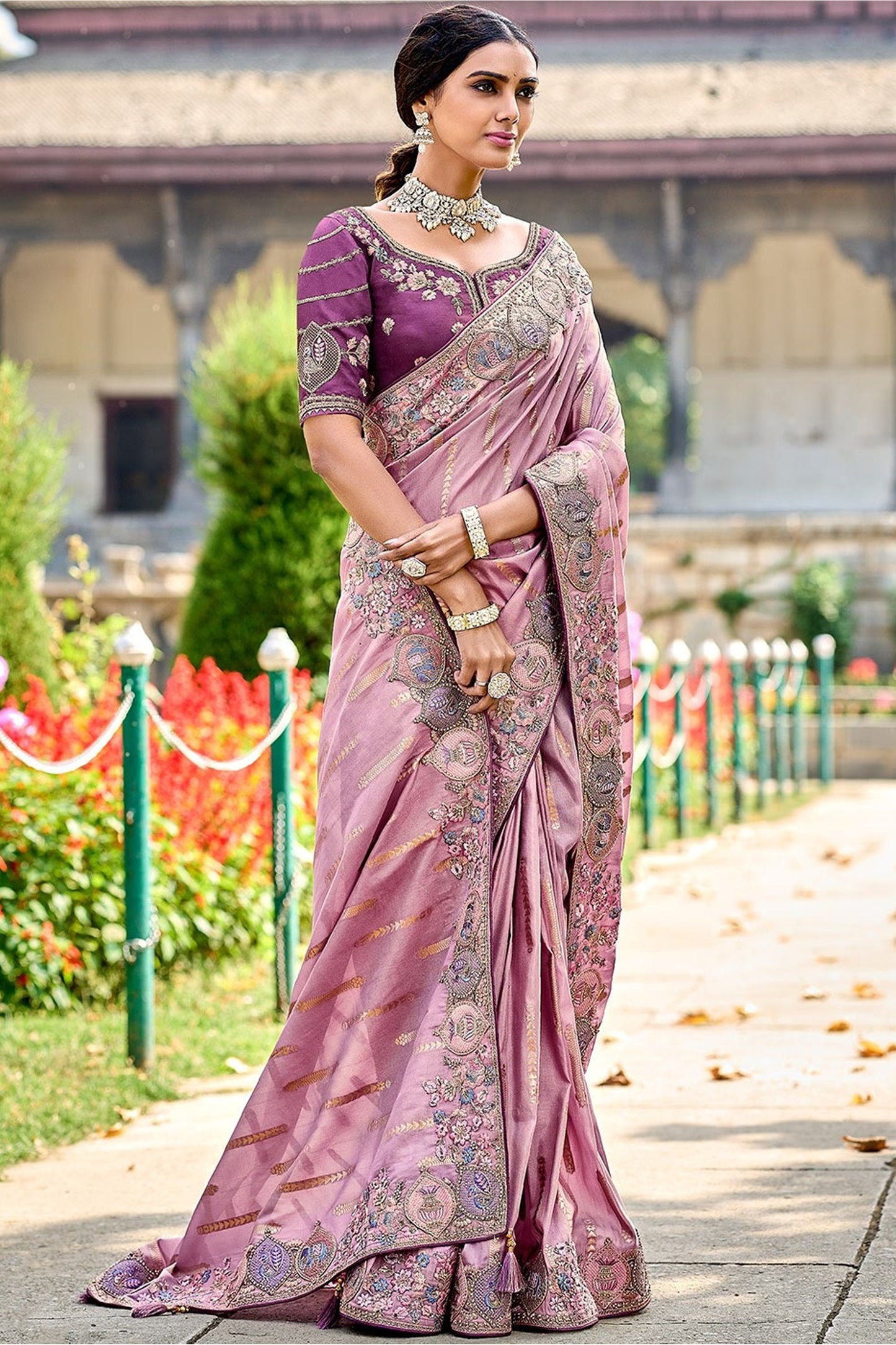 Wonderful Oriental Pink Color Gadwal Silk Fabric Gorgeous Saree With Blouse