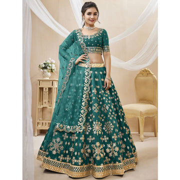 Teal Green Color Readymade Georgette Fabric Embroidery Work Art Silk Wedding Wear Lehenga Choli