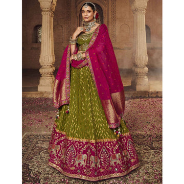 Beautiful Green Color Heavy Embroidery Work Bridesmaid Lehenga Choli With Organza Fabric Dupatta