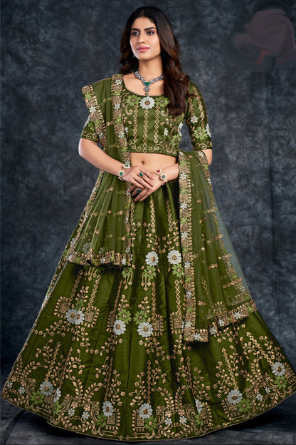 Latest Olive Green Silk Fabric Sequins Work Mehindi Function Werar Lehenga Choli