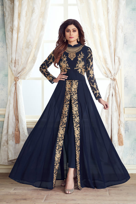 Blue Color Western Style Party Wear Worked Anarkali Slit Gown