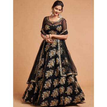 Indian Designer Reception Wear Black Color Net Sequins Lehenga Choli With Dupatta