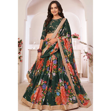 Awesome Dark Green Color Georgette Fabric Printed Work Sangeet Function Wear Lehenga Choli