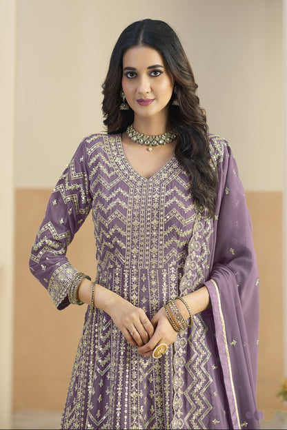 Embroidery close-up on lavender anarkali gown neckline