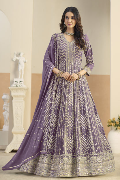Lavender anarkali salwar suit with heavy embroidery, front view