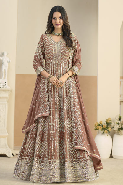 Close-up of embroidery work on light brown anarkali neckline
