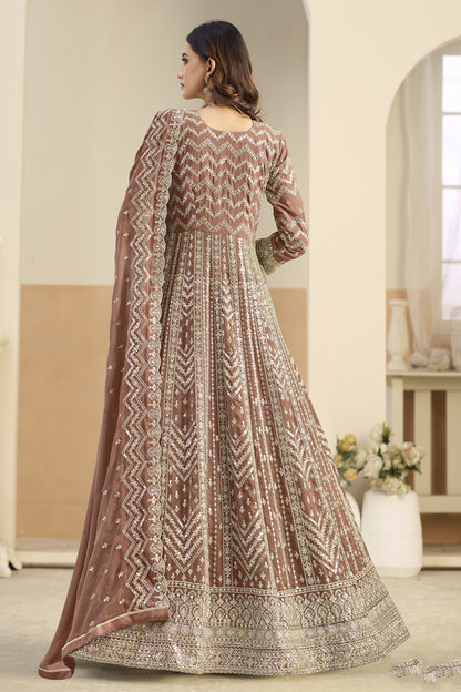 Back view of light brown anarkali salwar suit with embroidered border