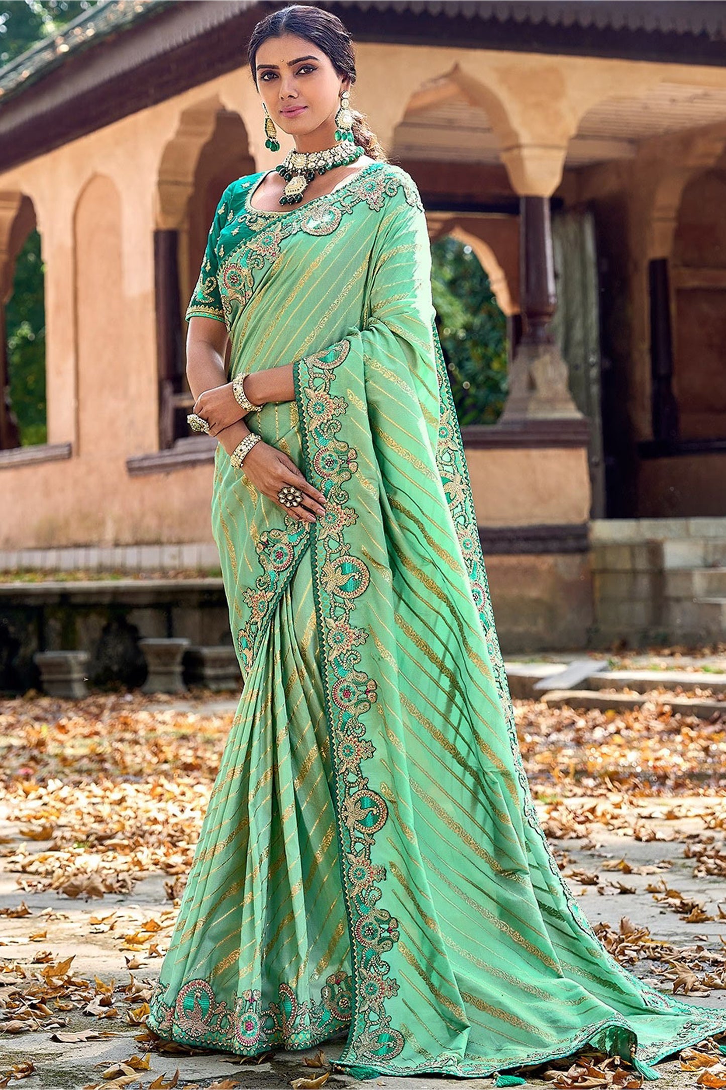 Sightly Pista Color Embroidery Silk Work Saree With Blouse