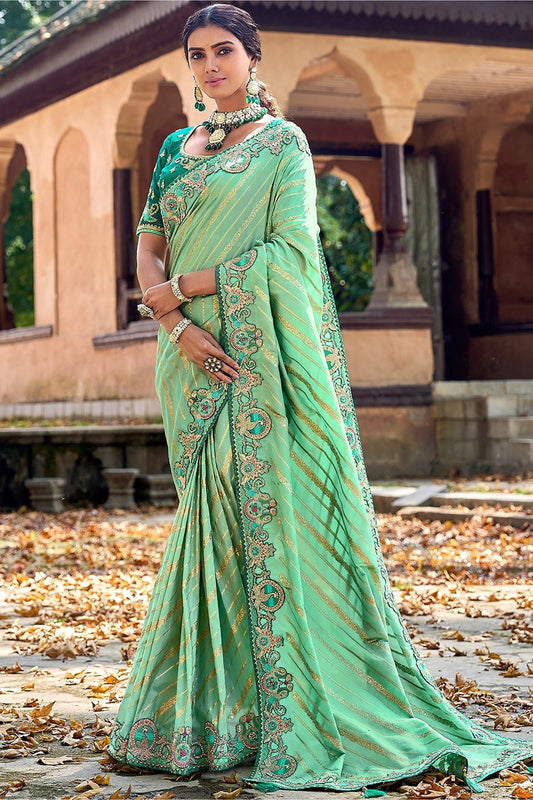 Sightly Pista Color Embroidery Silk Work Saree With Blouse