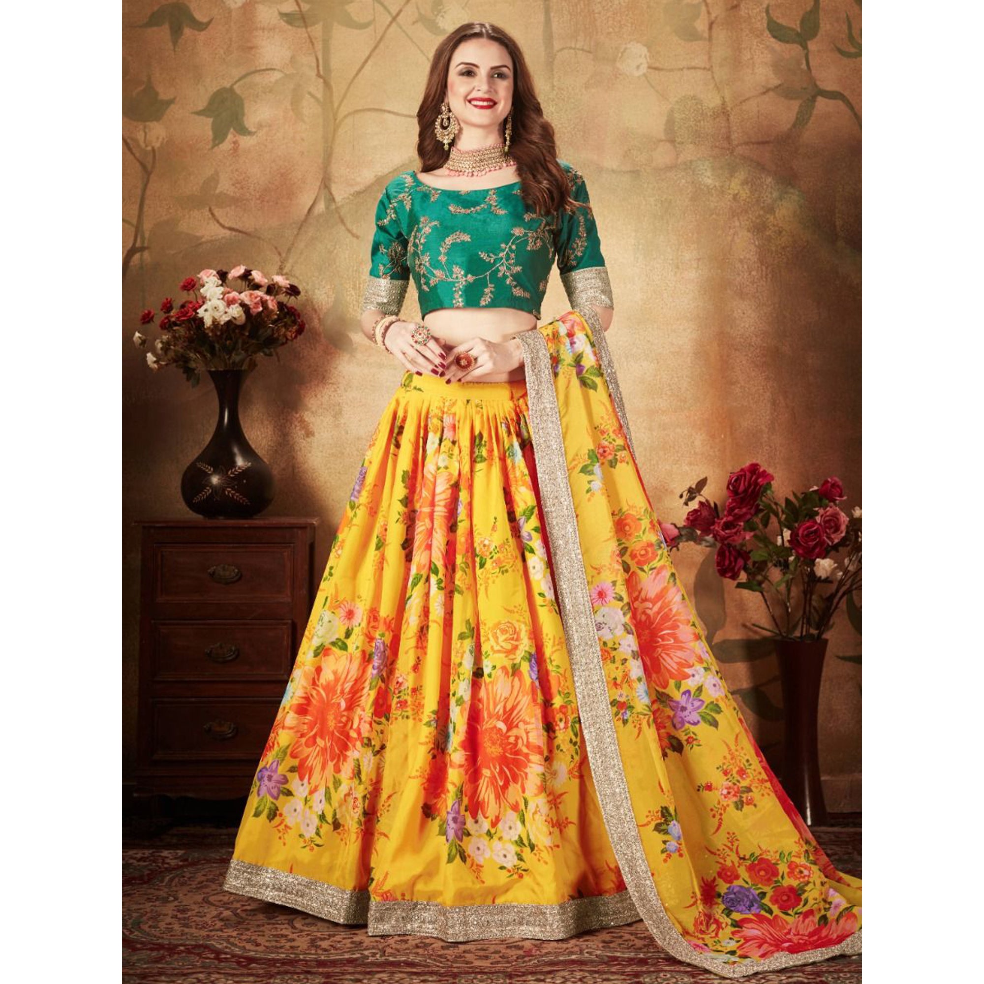 Awesome Yellow Color Designer Embroidery Work Floral Printed Lehenga Choli