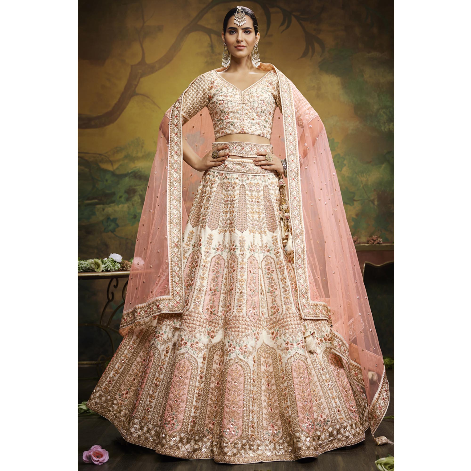 Awesome Beige Color Silk Fabric Designer Embroidery Work Bridal Wear Lehenga Choli