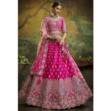 Heavy Designer Pink Color Silk Fabric With Embroidery Work Bridesmaid Lehenga Choli