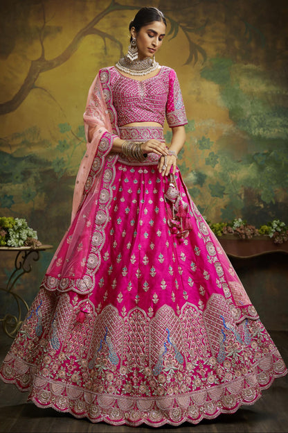 Heavy Designer Pink Color Silk Fabric With Embroidery Work Bridesmaid Lehenga Choli