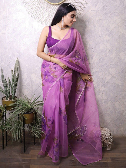 Amazing Lavender Color Floral Printed Heavy Banglory Material Saree With Blouse