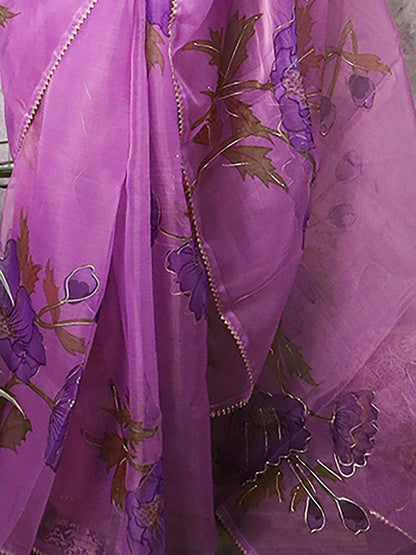 Amazing Lavender Color Floral Printed Heavy Banglory Material Saree With Blouse